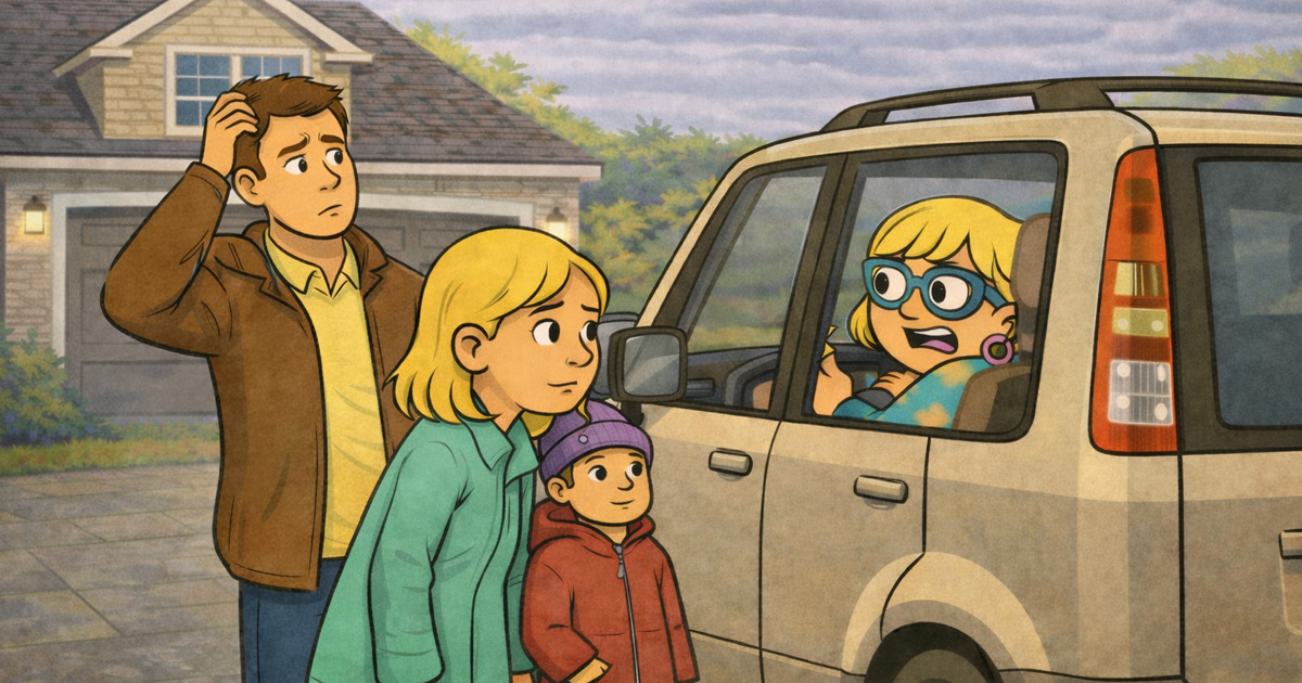 Narcy is in a Driveway saying goodbye to family in order to beat a storm home