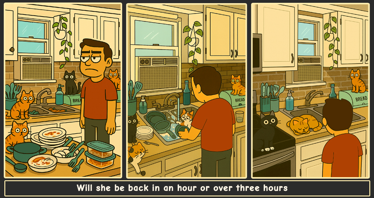 Main Supply cleans the kitchen while waiting; the longer the delay, the clearer the manipulation pattern becomes.