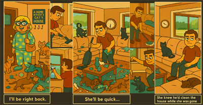 Narcy says 'I’ll be right back'; Main Supply cleans—vacuuming, wiping, mopping; later he sits in a now-clean living room; caption reads 'She knew he’d clean the house while she was gone.