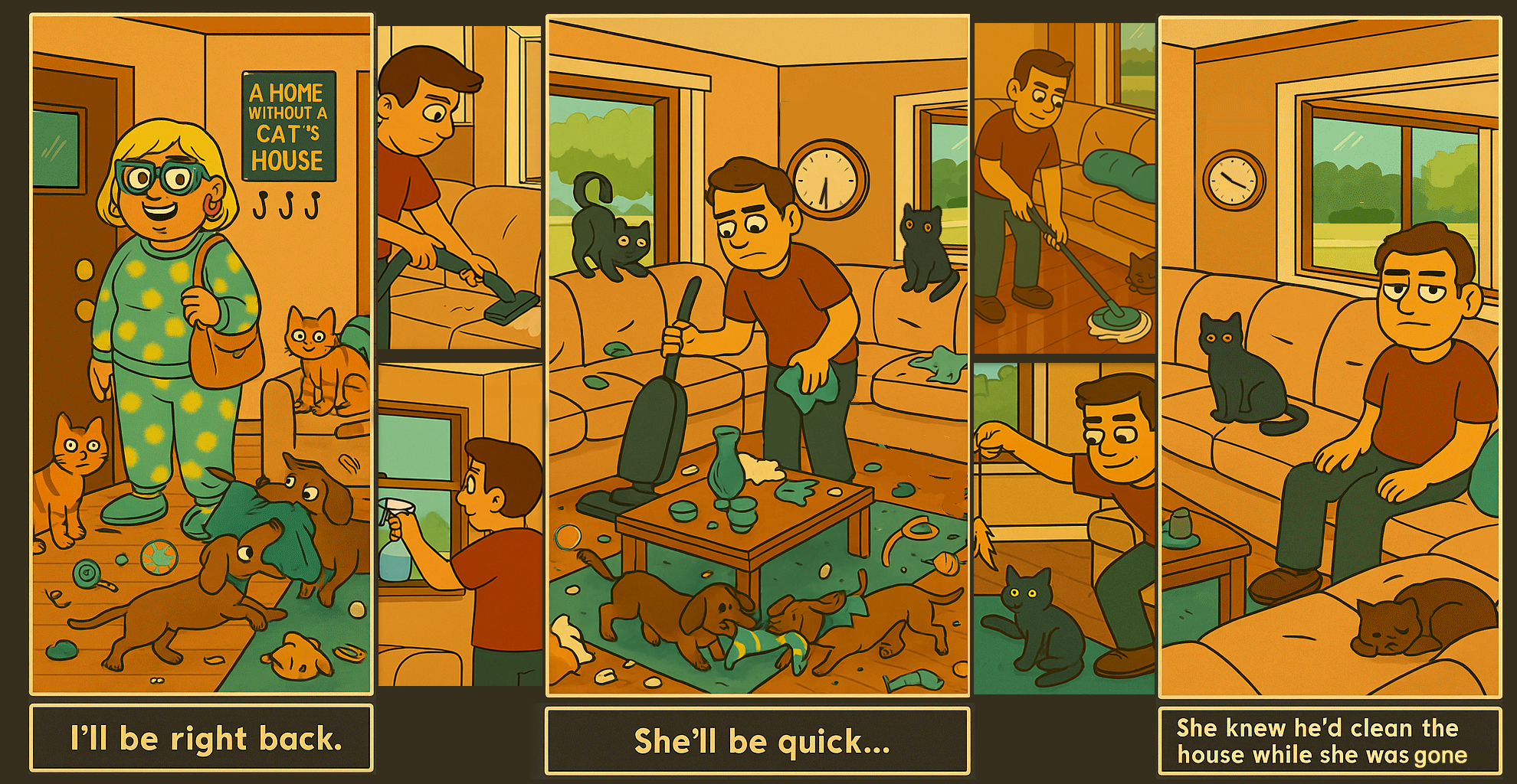 Five-panel comic: Narcy says 'I’ll be right back'; Main Supply cleans—vacuuming, wiping, mopping; later he sits in a now-clean living room; caption reads 'She knew he’d clean the house while she was gone.'