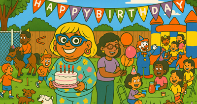 Narcy carries a birthday cake at a lively backyard party—kids, balloons, clown, bounce house, pony rides, and dogs—under a HAPPY BIRTHDAY banner.