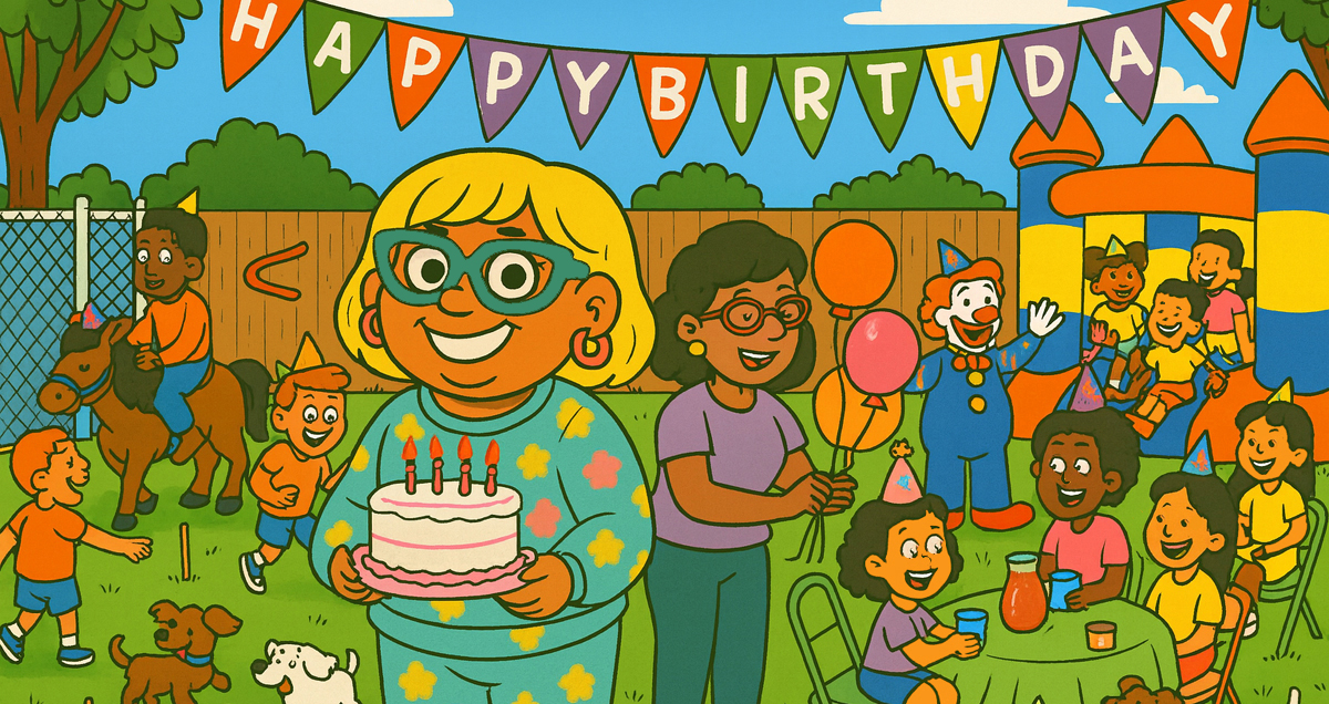 Narcy carries a birthday cake at a lively backyard party—kids, balloons, clown, bounce house, pony rides, and dogs—under a HAPPY BIRTHDAY banner.