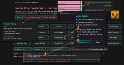 Three connected dark-mode panels: the Live Logger with a timestamped entry, the Counter Sheet showing tactic–counter–reminder, and the Refresher drag-and-drop list. Pink and teal accents on charcoal.