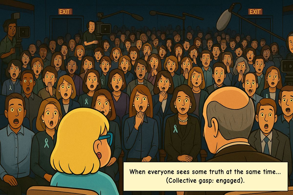 The studio audience watches as a big screen lights up, scrolling Narcy’s triggers.