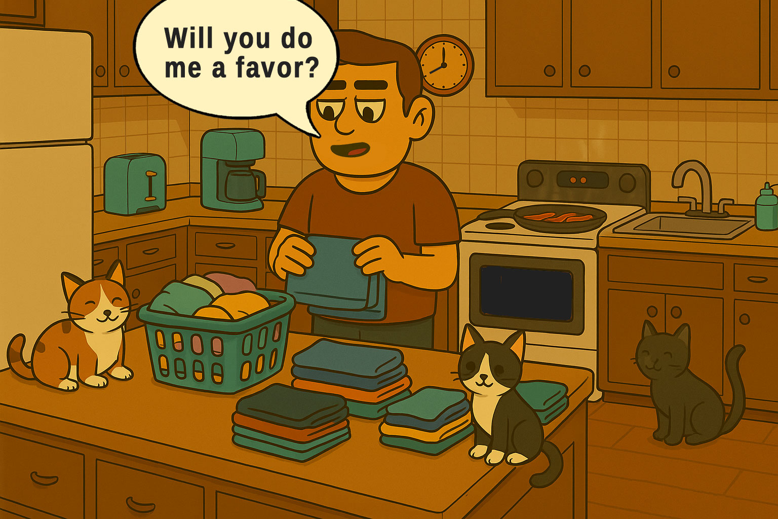 Main asks a favor of Narcy from the kitchen as he folds towels and fries bacon with cats nearby.