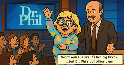 Narcy enters Dr. Phil’s stage while the audience cheers
