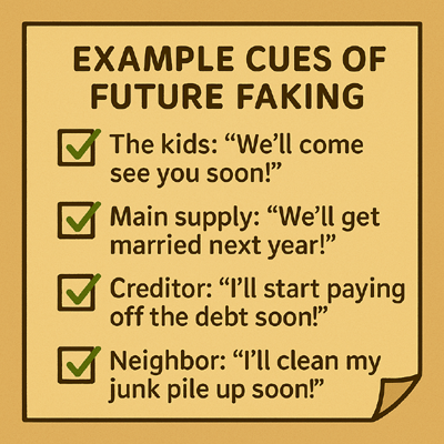 Checklist of future-faking promises: kids, main supply, creditor, neighbor