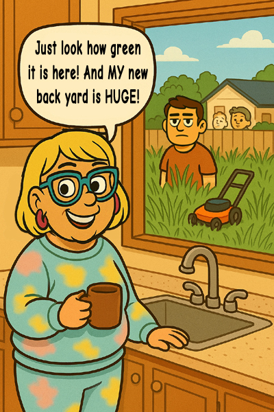 Narcy proudly shows off her lush green backyard through the kitchen window, boasting about its size while holding a coffee mug. Outside, the main supply looks exhausted next to an overgrown lawn and a small push mower.