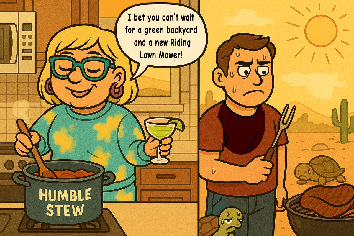 Narcy future fakes while cooking humble stew inside the air-conditioned kitchen, sipping a slushy drink, telling main supply about a green backyard and a new riding lawn mower, while he sweats outside in the desert barbequing.