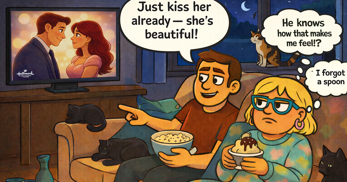 During a Hallmark movie, a casual compliment about an actress triggers Narcy’s irritation as the tactic of jealousy induction begins to backfire.