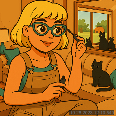 grown daughter, perched facing the sofa mirror, casually putting on mascara through her teal glasses—half listening, half rehearsing for the role she's already been cast in.