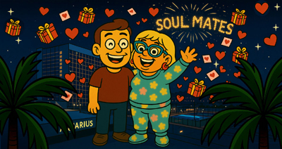 Narcy showers hearts, gifts, and messages as fireworks spell 'SOULMATE' across the night sky.