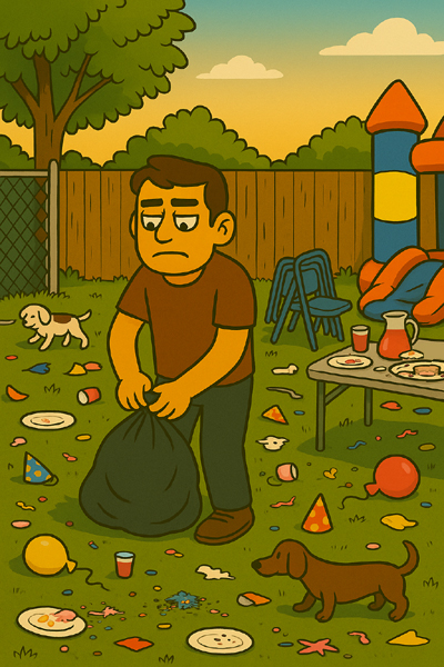 After the party, Main Supply ties a trash bag while the backyard is littered with cups, plates, popped balloons, party hats, and a deflated bounce house; two dachshunds sniff the grass.