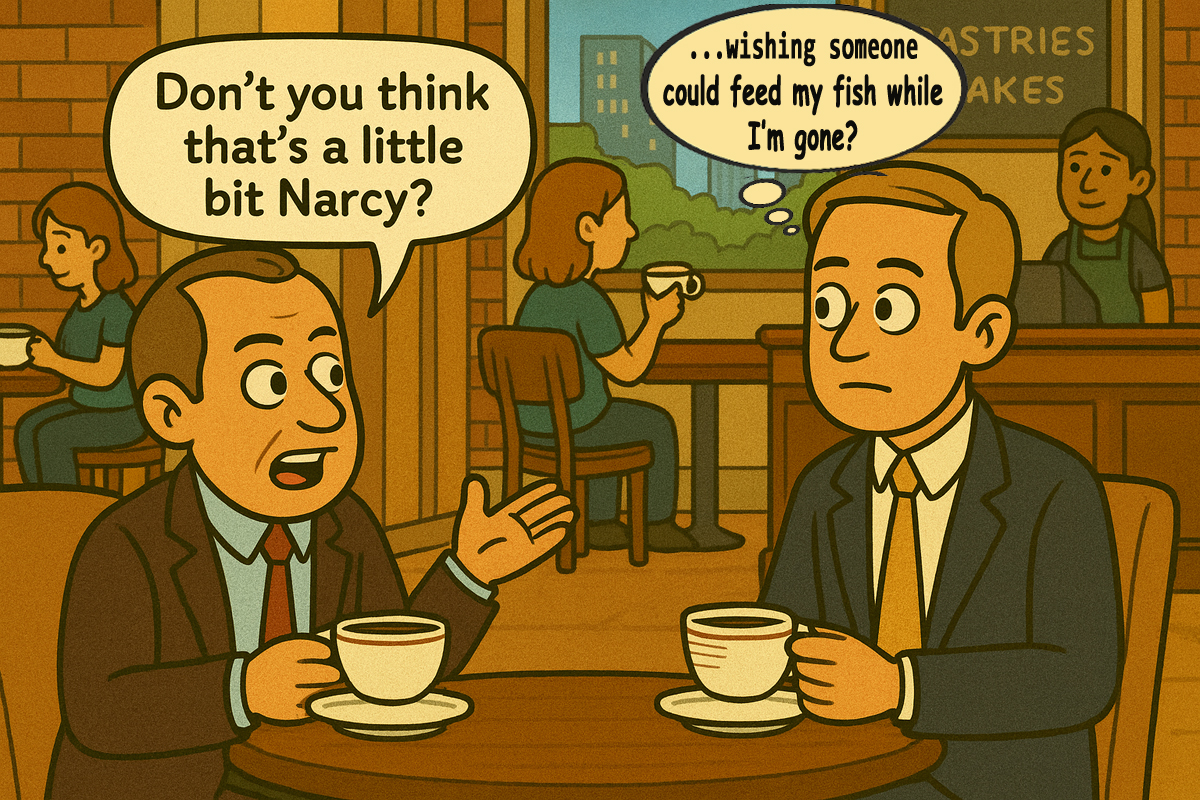 Two brothers in a café: one says “Don’t you think that’s a little bit Narcy?” while the other gets called out for a classic Dry Beg (a sly form of narcissism).