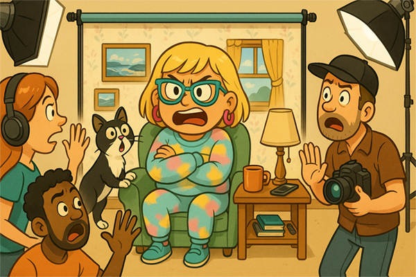 Narcy blowing up at the camera crew, yelling while they look shocked and try to calm her down