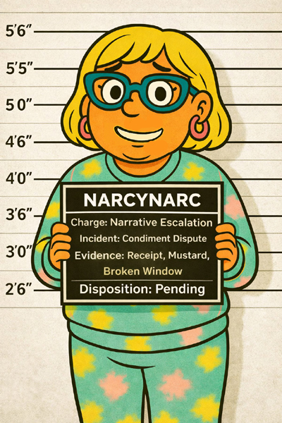 NarcyNarc cartoon mugshot holding sign 'Narrative Escalation' after the mustard window incident