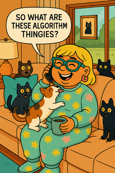 Narcy snickers while asking on the phone, 'So what are these algorithm thingies?' as astonished cats react nearby.