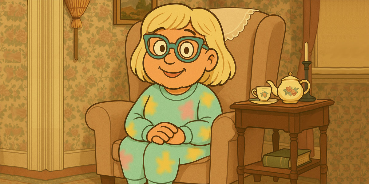 Cartoon character Narcy sitting confidently in a comfy chair, inspired by Mrs. Doubtfire