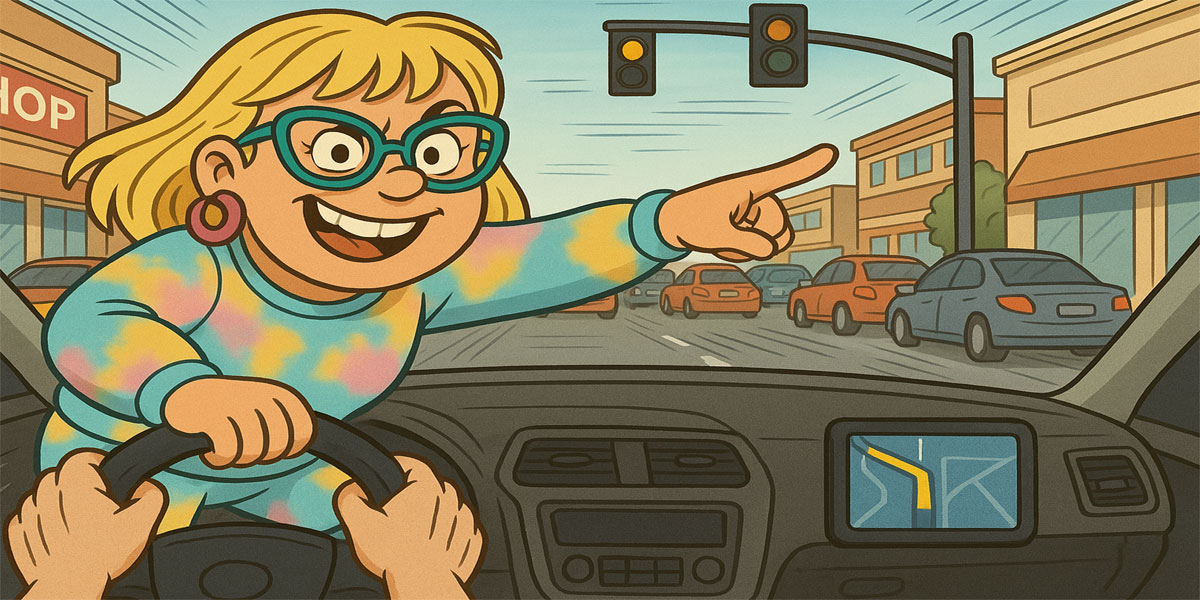 Narcy yelling directions with chaotic energy while the driver grips the wheel