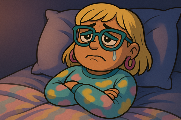 Narcy in bed reflecting, frustrated she forgot to wear her earrings