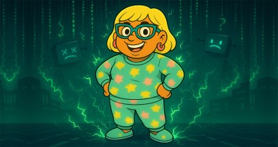 Narcy stands confidently in pastel star pajamas, grinning as two malfunctioning robots fade in the background against a glowing Matrix-style digital backdrop.