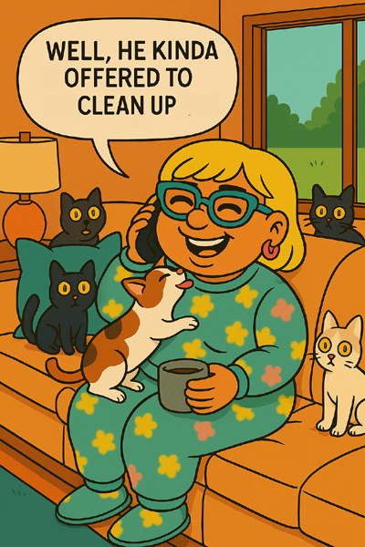 Narcy on the couch, phone to her ear, mug in hand, surrounded by curious cats in her living room.