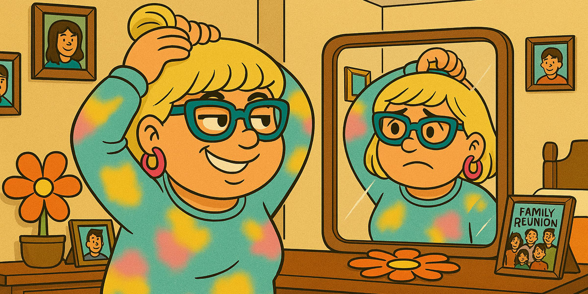 Narcy brushing her hair while her reflection smirks back