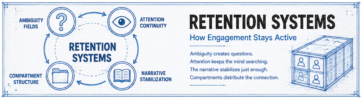 Blueprint-style retention systems map showing ambiguity, attention, narrative, and compartment structure