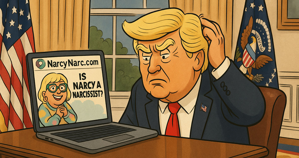 Cartoon character Pressident Trump scratching his head upon stumbling on to NarcyNarc.com.
