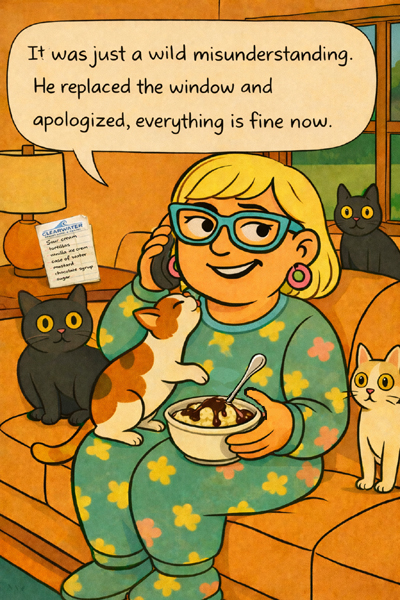 Narcy on the phone in her living room with a cat on her lap and a bowl of ice cream with chocolate syrup, claiming the broken window incident was a misunderstanding after Main replaced the window and apologized
