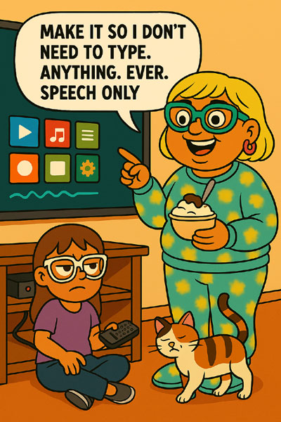 Narcy eats ice cream while pointing to a smart TV being set up by her annoyed family member in white glasses. A calico cat rubs against Narcy’s leg.