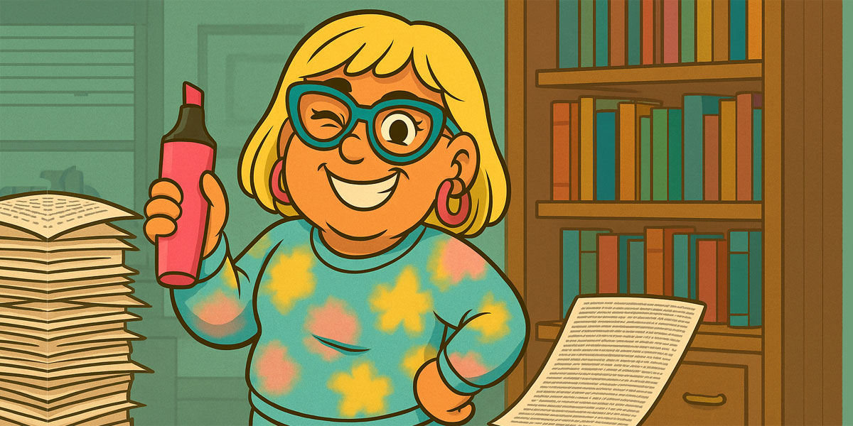 Narcy shows a cluttered office of stacked documents