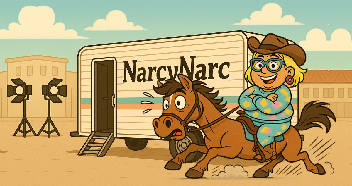 Narcy on horseback saying whoa there partner