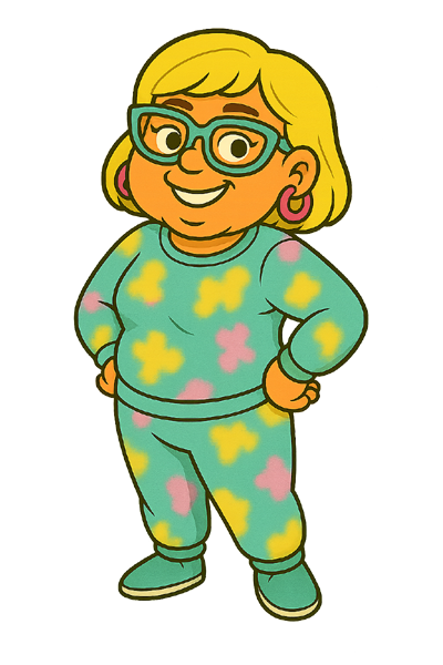 Narcy looking smug in a pastel tie-dye sweatsuit with teal glasses and big earrings