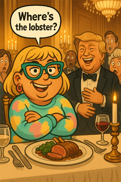 Narcy at the presidential dinner asking 'Where's the lobster?'