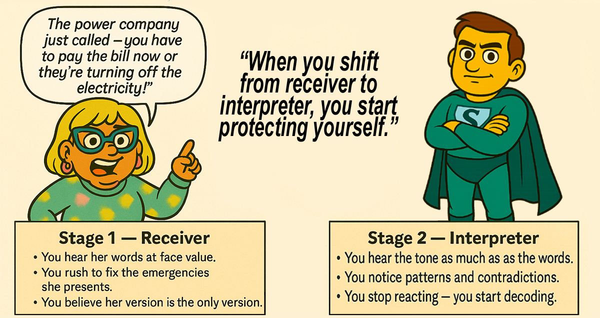 Narcy speaks while the target shifts from receiver to interpreter