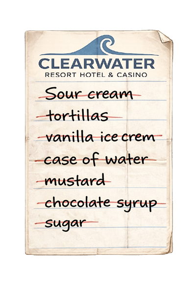A courtesy notepad handwritten grocery list from Clearwater Resort Hotel showing mustard, vanilla ice cream, tortillas and other items crossed off
