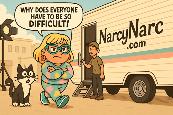 Narcy walks past her photo-shoot trailer with arms folded, looking frustrated