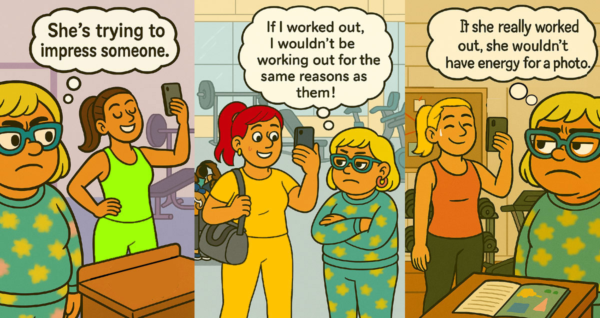 Narcy stares across the gym, mislabeling others as narcissists while dodging her own behavior