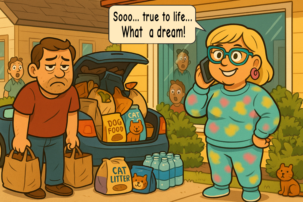 Narcy chats on the phone while Main Supply unloads a car full of groceries.