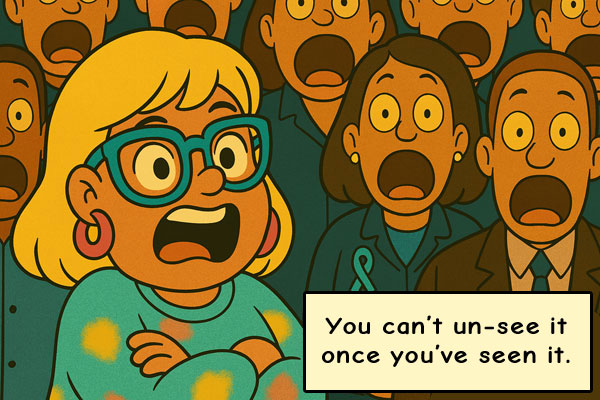 The audience—and Narcy—freeze as the triggers keep scrolling. Once seen, it can’t be unseen.